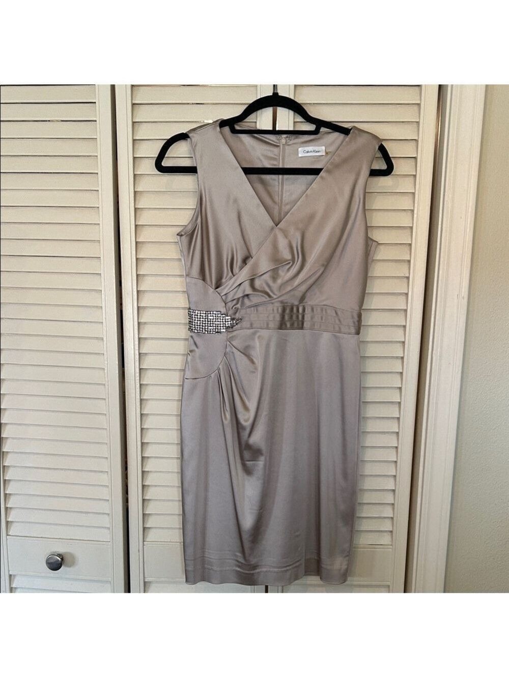 Calvin Klein Taupe Satin V-Neck Midi Dress Size 6